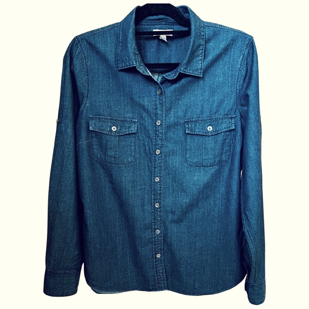J. Crew Dark Denim Chambray Button-Up with Roll-Tab Sleeves, Size 12